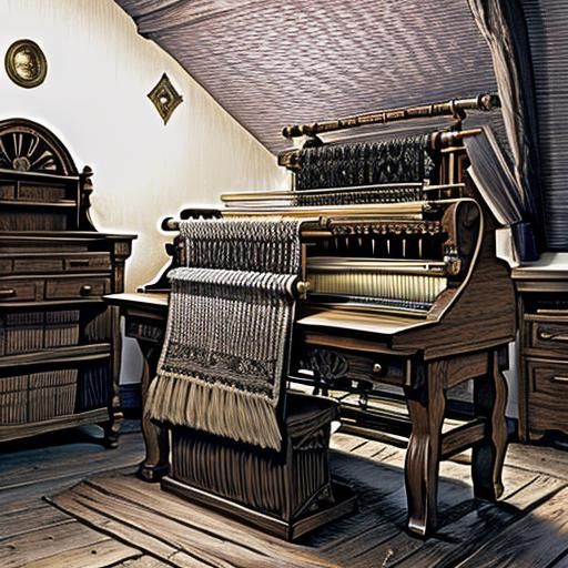 Highly Detailed Jacquard Loom making Damask in a Small Room