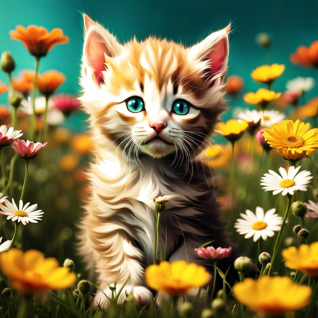 Kitten in a flower meadow
