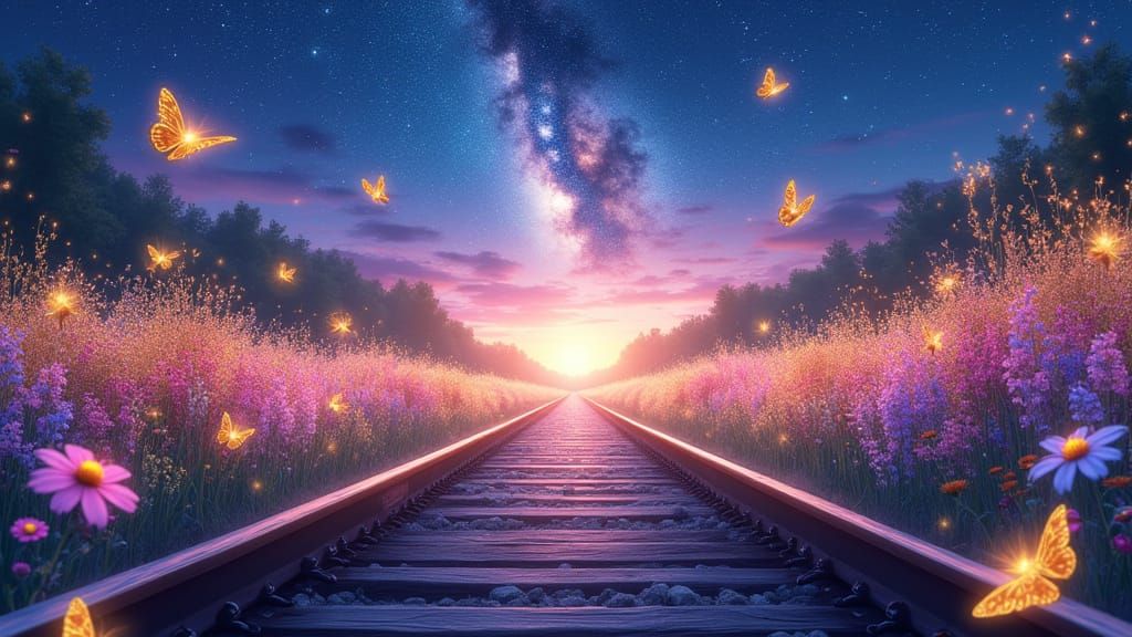 Vibrant Wildflower Railroad in Infinity with Gold Butterflie...