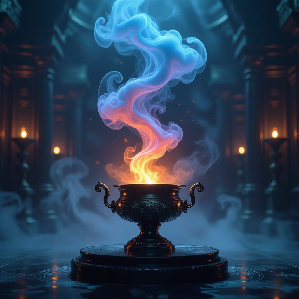 a swirling chromatic smoke apparition rising from an open, ancient silver censer resting on a polished obsidian pedestal, each plume born fr...