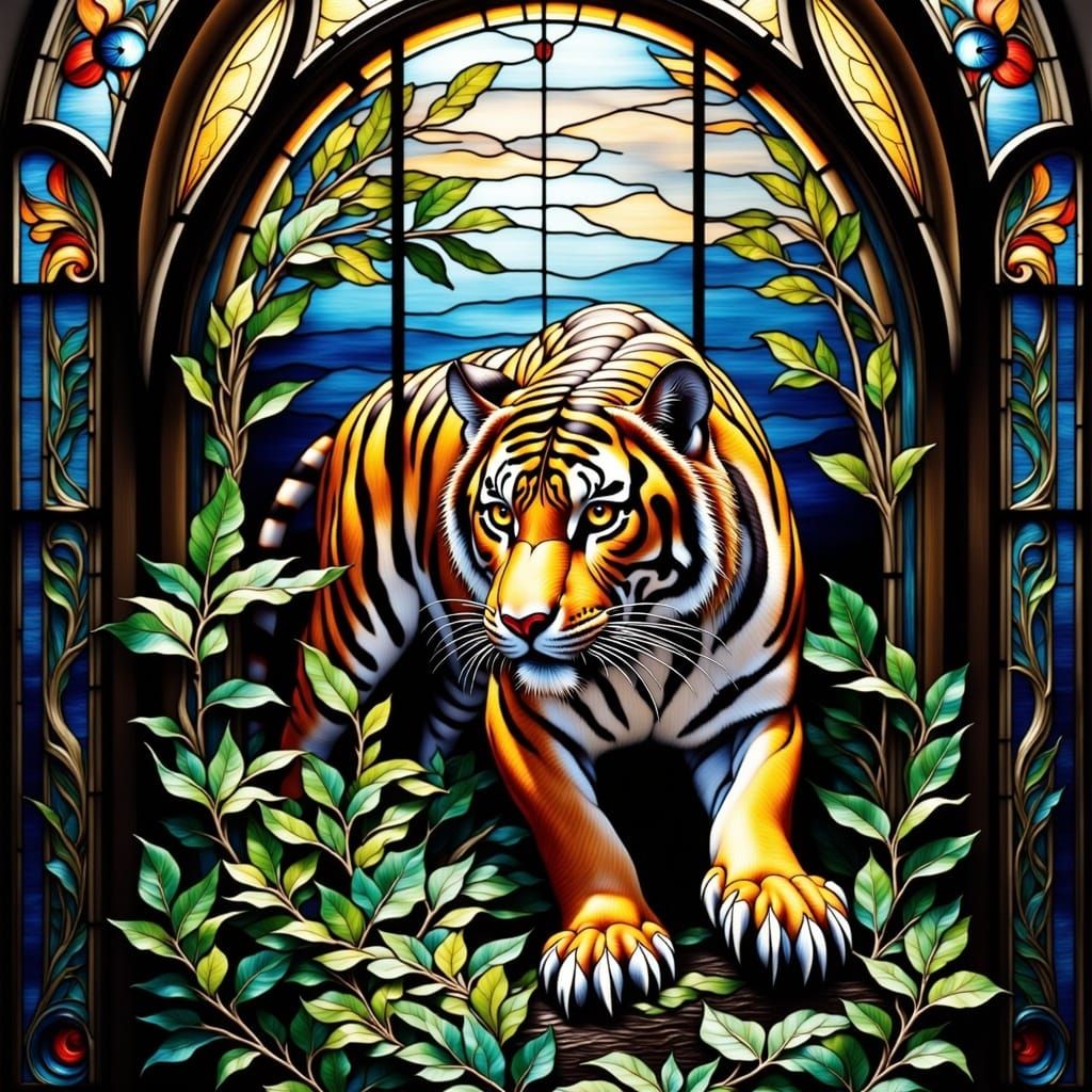 Stained Glass Window :: Siberian Tiger Crouching in lush jungle foilage <lora:Stained Glass:1.3> 