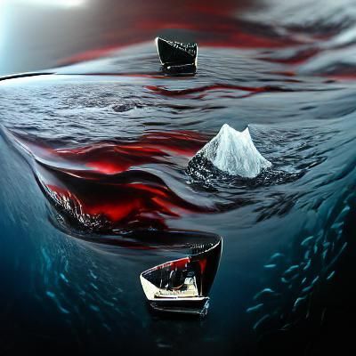 A black ocean with an iceberg in the middle stained with blo...