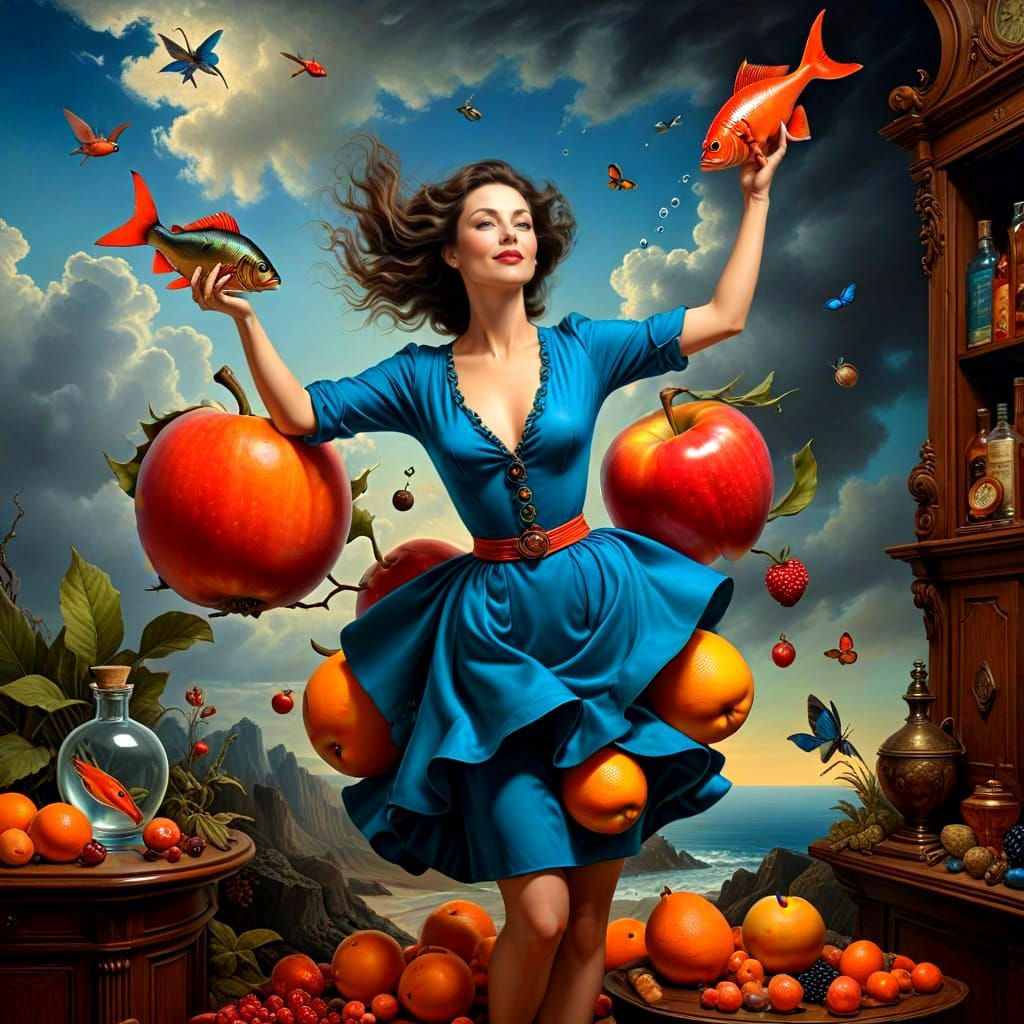 Surrealistic Portrait of a Happy Lady in Elegant Attire