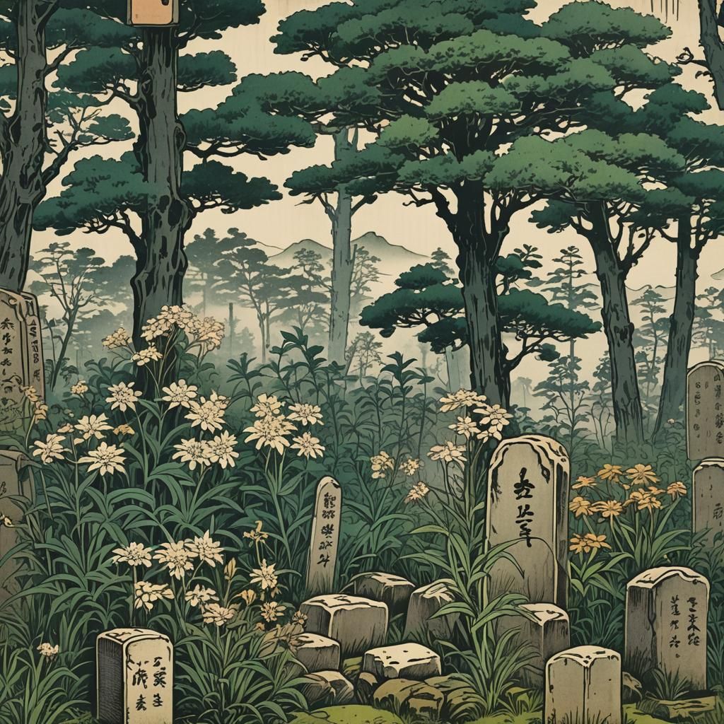 Overgrown garden weeds trees bushes gravestone, traditional Japanese