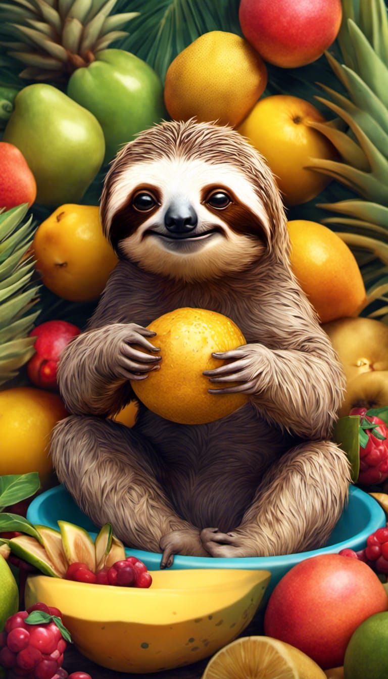 The adorable sloth eating from the bowl of tropical fruit ph...