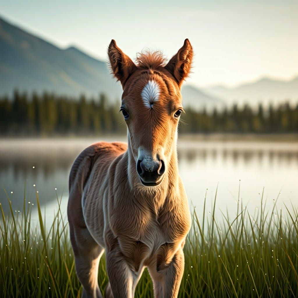 Delicate Foal Beside Misty Lake at Dawn