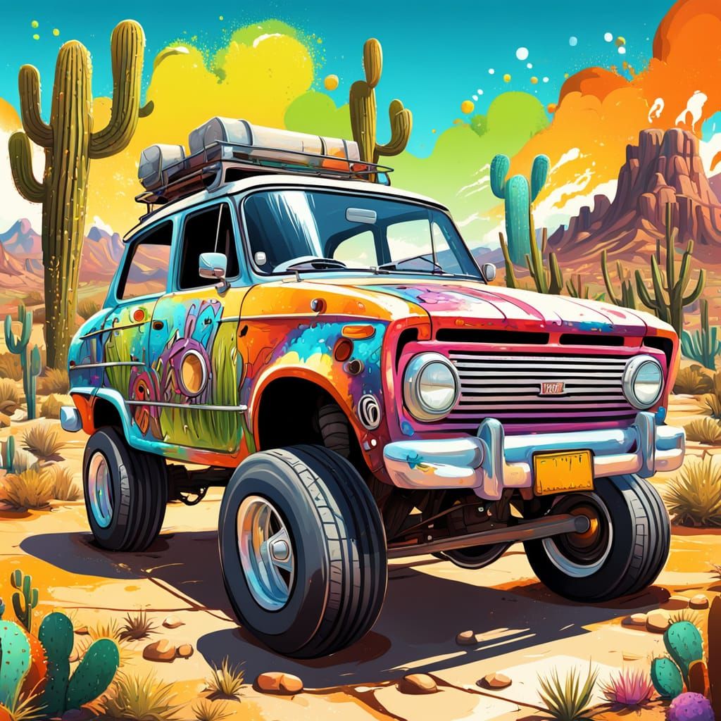 A quirky cartoon-style car with oversized wheels and wild colors. There are some cacti in the desert ...  by @undefined