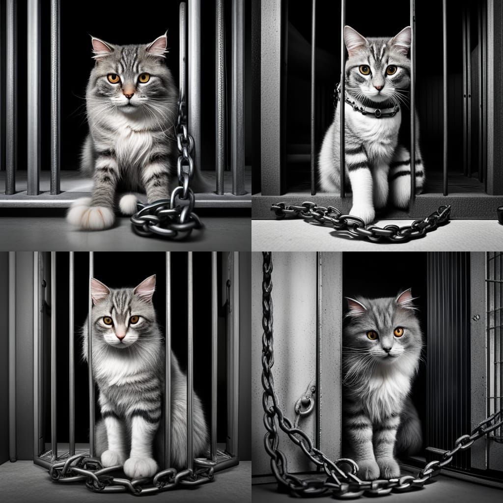 Beautiful fluffy gray cat as a prisoner in jail cell, sittin...