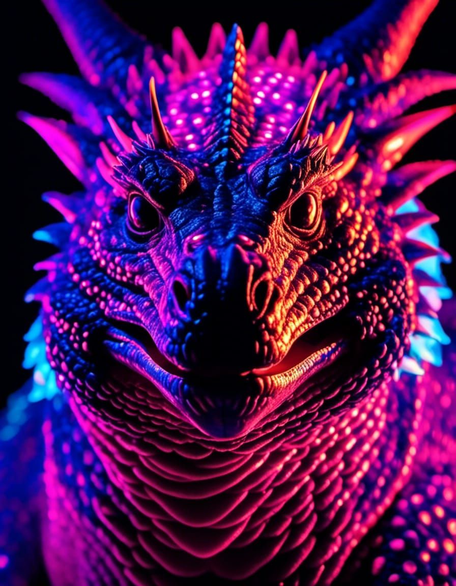 Photograph Portrait: Living Bioluminescent shining Obese Dragon with UV Blacklight scales <lora:FlamBear:1.0>