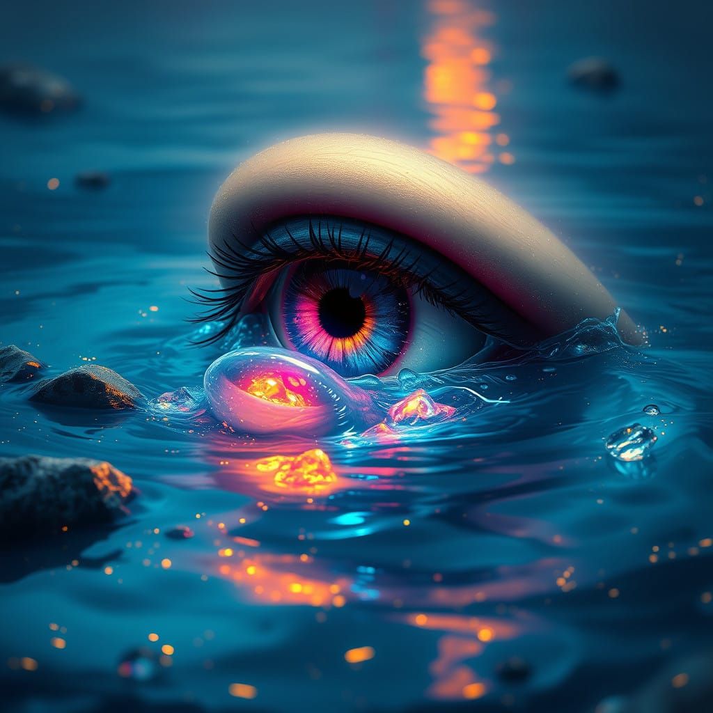 Luminous Human Eye Overflows with Tears into Serene River
