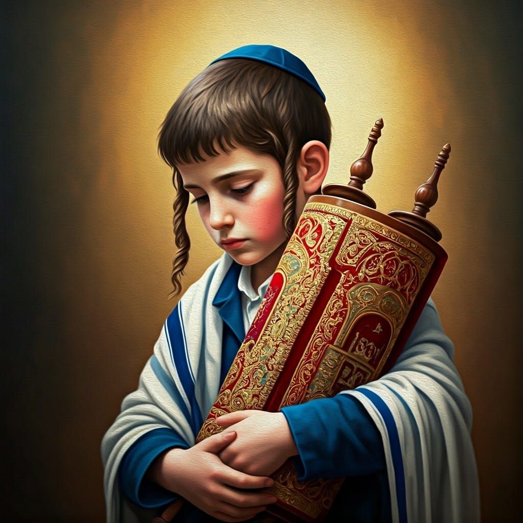 Young Hasidic Boy Holding Sacred Torah Scroll in Traditional...