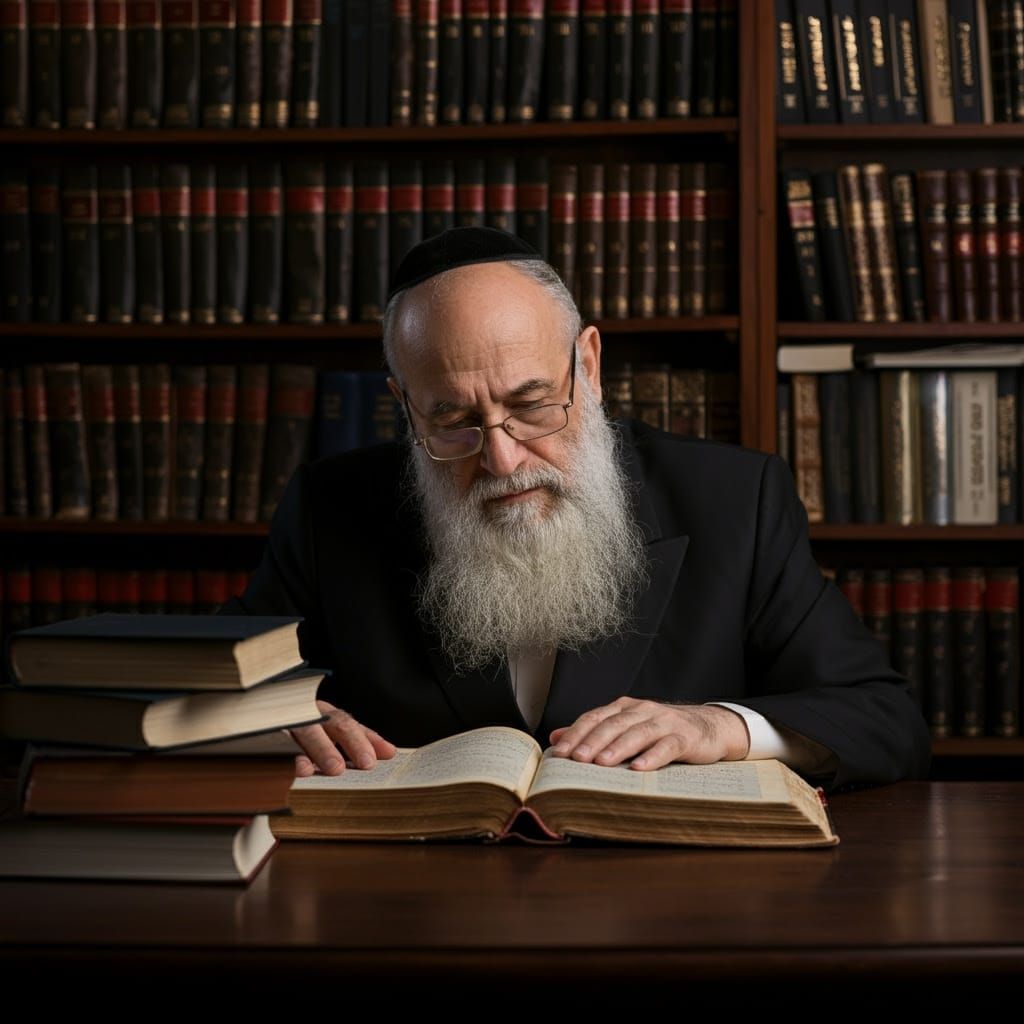 Respected Elder Rabbi Studies Ancient Talmud in Warm Atmosph...