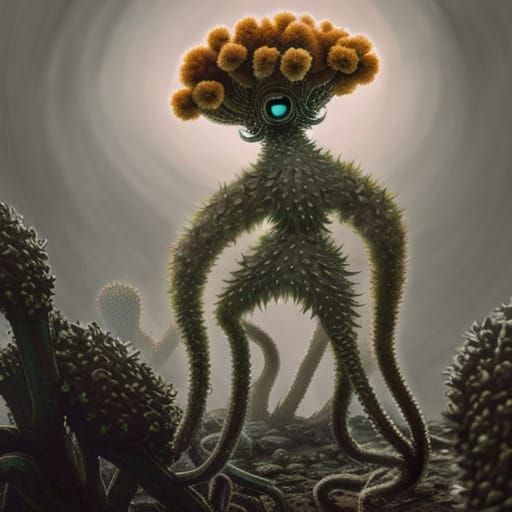 A mutant plant fungi coral cacti chimera creature roaming a postapocalyptic wasteland, nature
