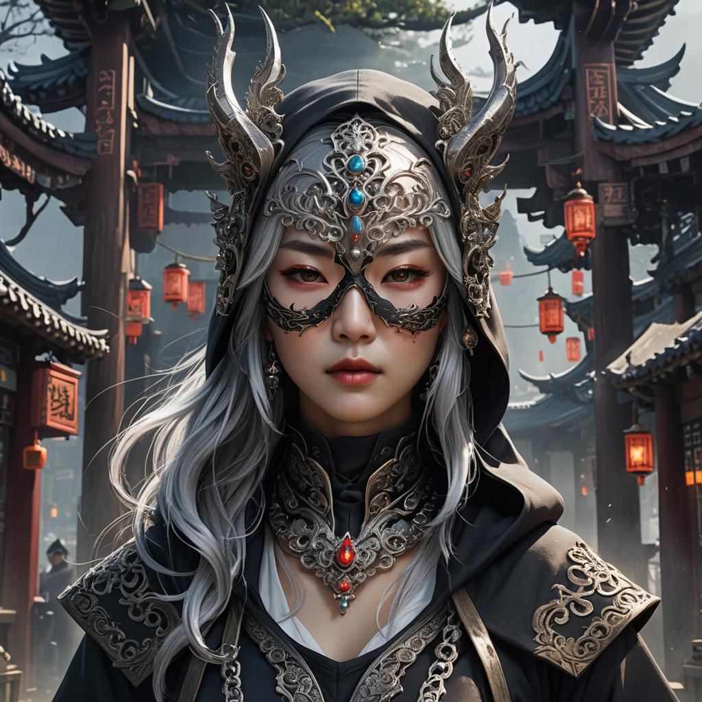korean lady silver hair black hood necklace mask