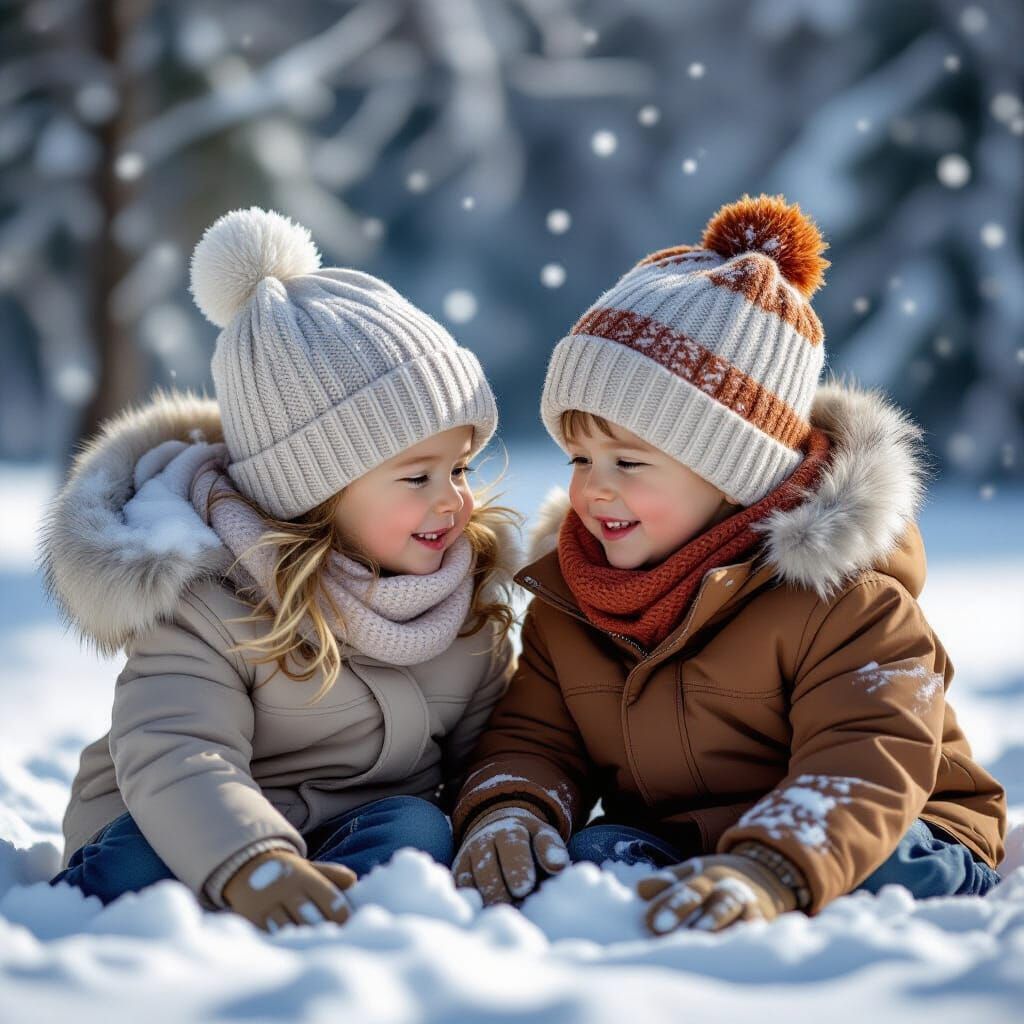 Twins Playing in Winter Snow: Hyperrealistic Detail