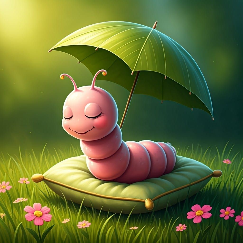 Sleeping Pink Worm Under a Green Leaf Umbrella