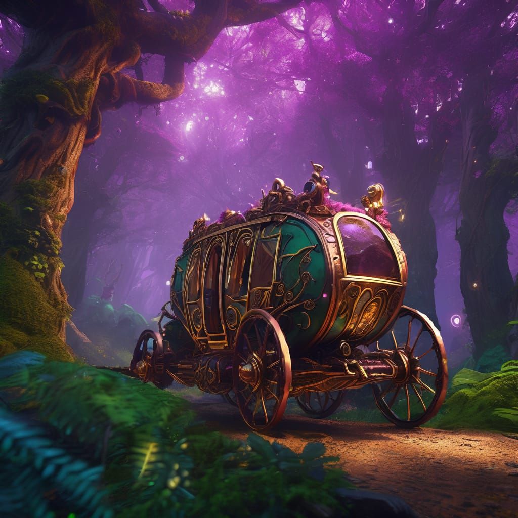 A large magically self-propelled/rolling Carriage made with redwood and copper accents