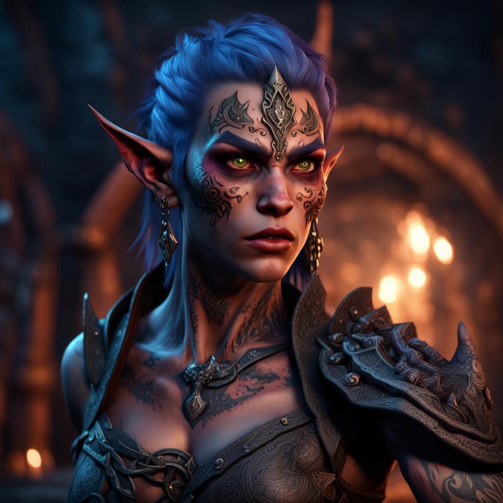 "a young night elf with moon shaded skin covered in tattoos ...