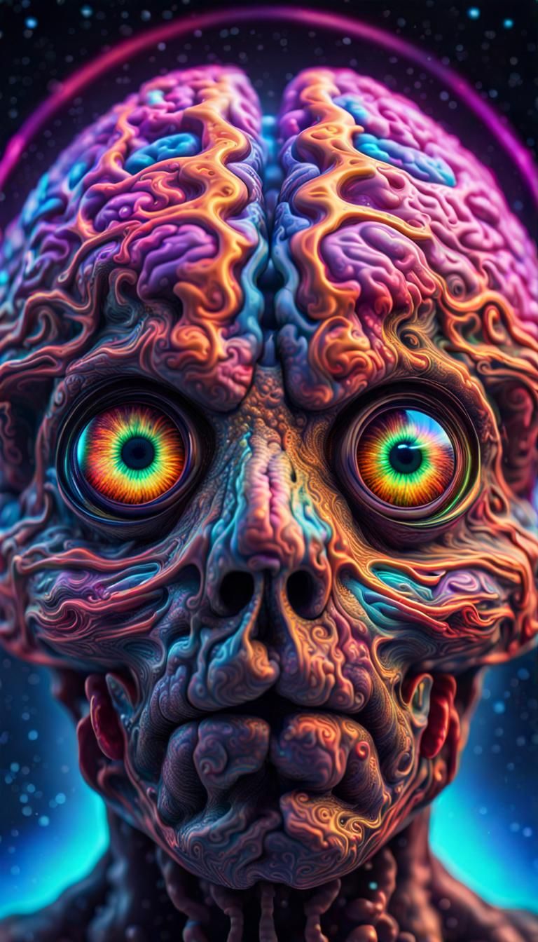 A psycadelic neon brain with big eyes  pulsating into space ...