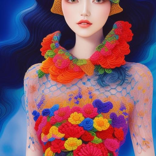woman in crochet flower dress holding yarn, colorful ink flo...
