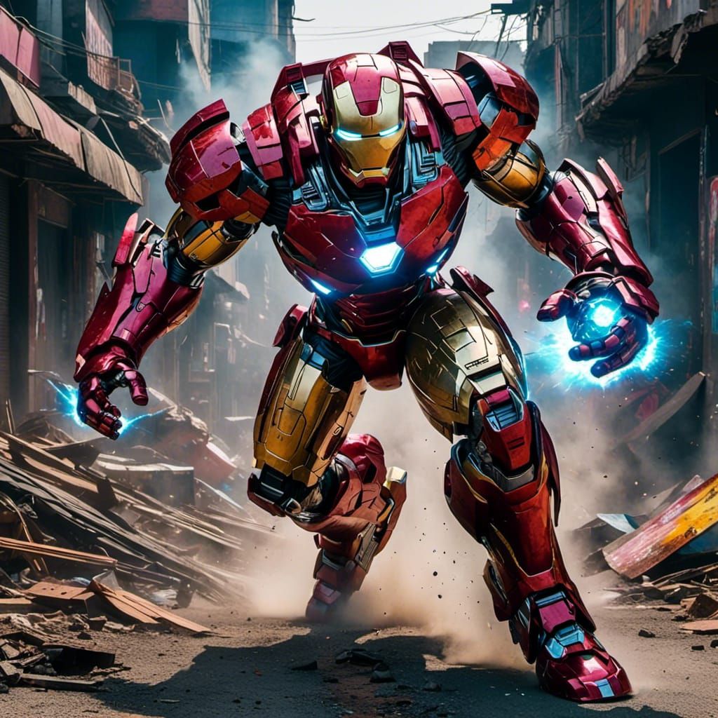 <lora:Indomitable:1.0> wide shot HD 3D Octane HD Image; Beautifully Authentic epic badass ironman suit striking the ground and causing a des...