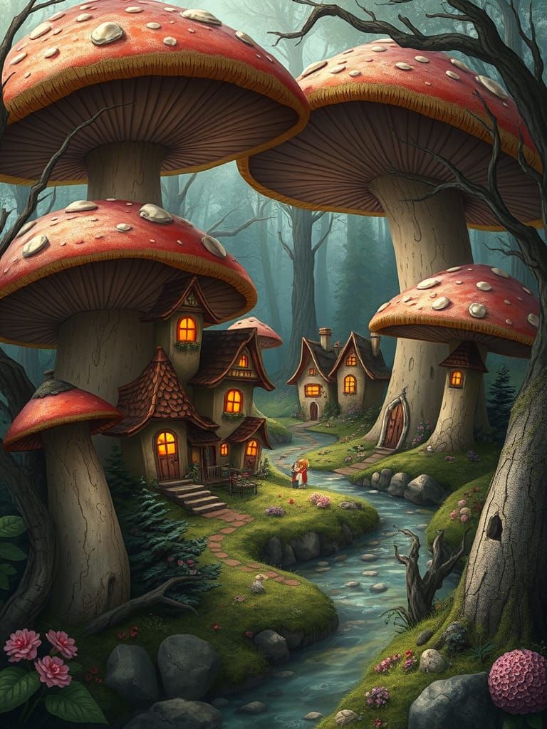 Whimsical Mushroom Village in Enchanted Forest