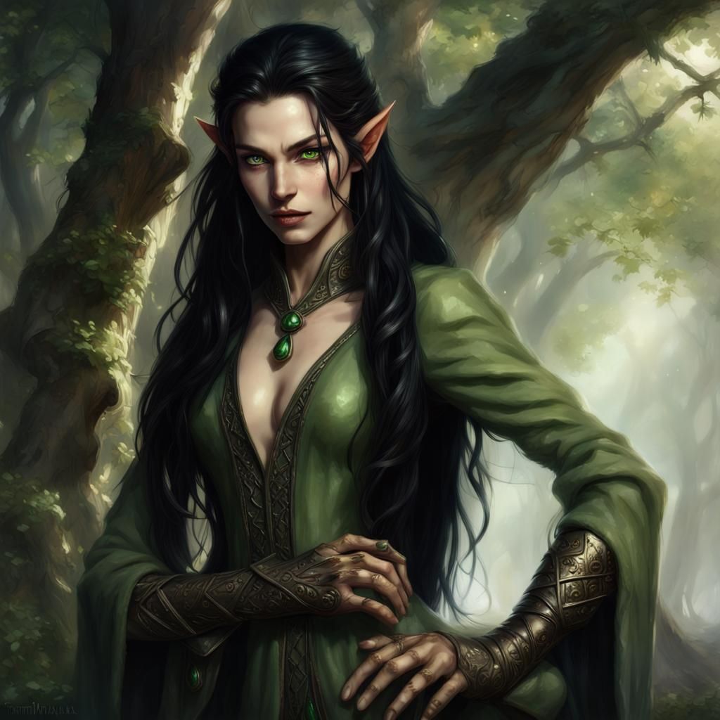 Beautiful female elf with light green eyes very long black hair very fair skin. He wears an elegant robe made of natural materials from th. AI Generated Artwork NightCafe Creator