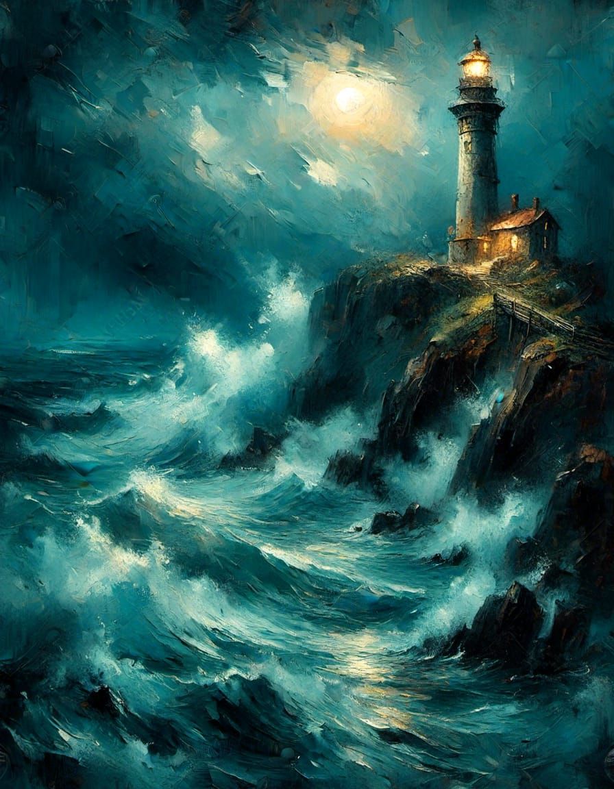 old abandoned lighthouse on a cliff, wild stormy sea, full moon in the style <lora:GestureCraft:1.0>