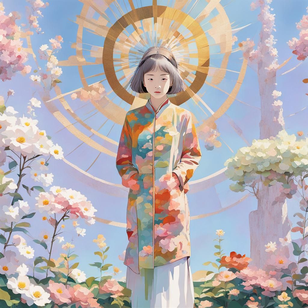 Woman Among Flowers in Brutalist Digital Art