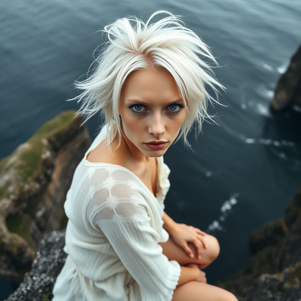Hyperrealistic Albino Woman on Cliffs Overlooking Sea