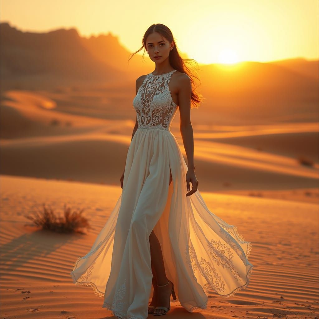 Woman in Futuristic Desert Landscape at Sunset
