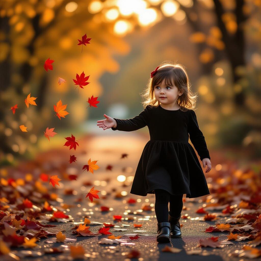 Young Girl in Black Dress Throws Red Autumn Leaves