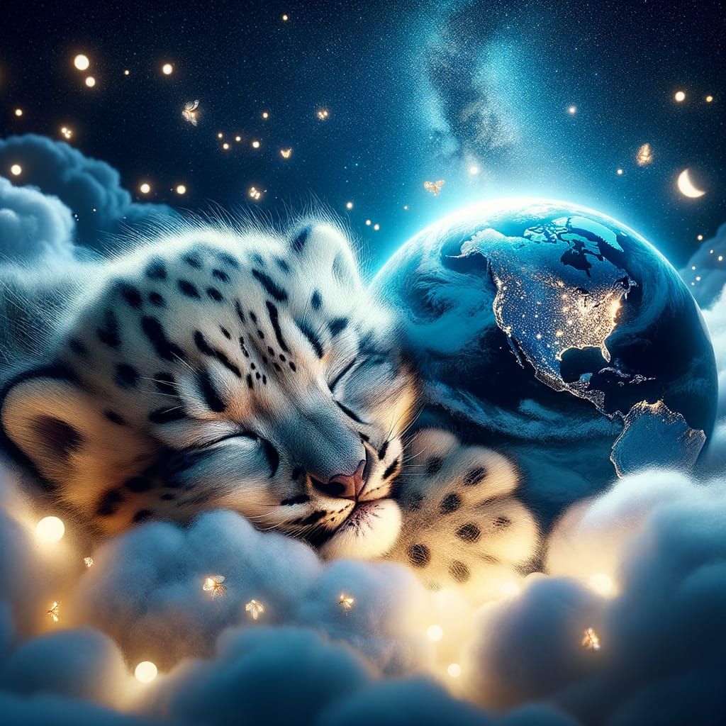 Snow Leopard Cub Hugging Earth in Dreamy Night