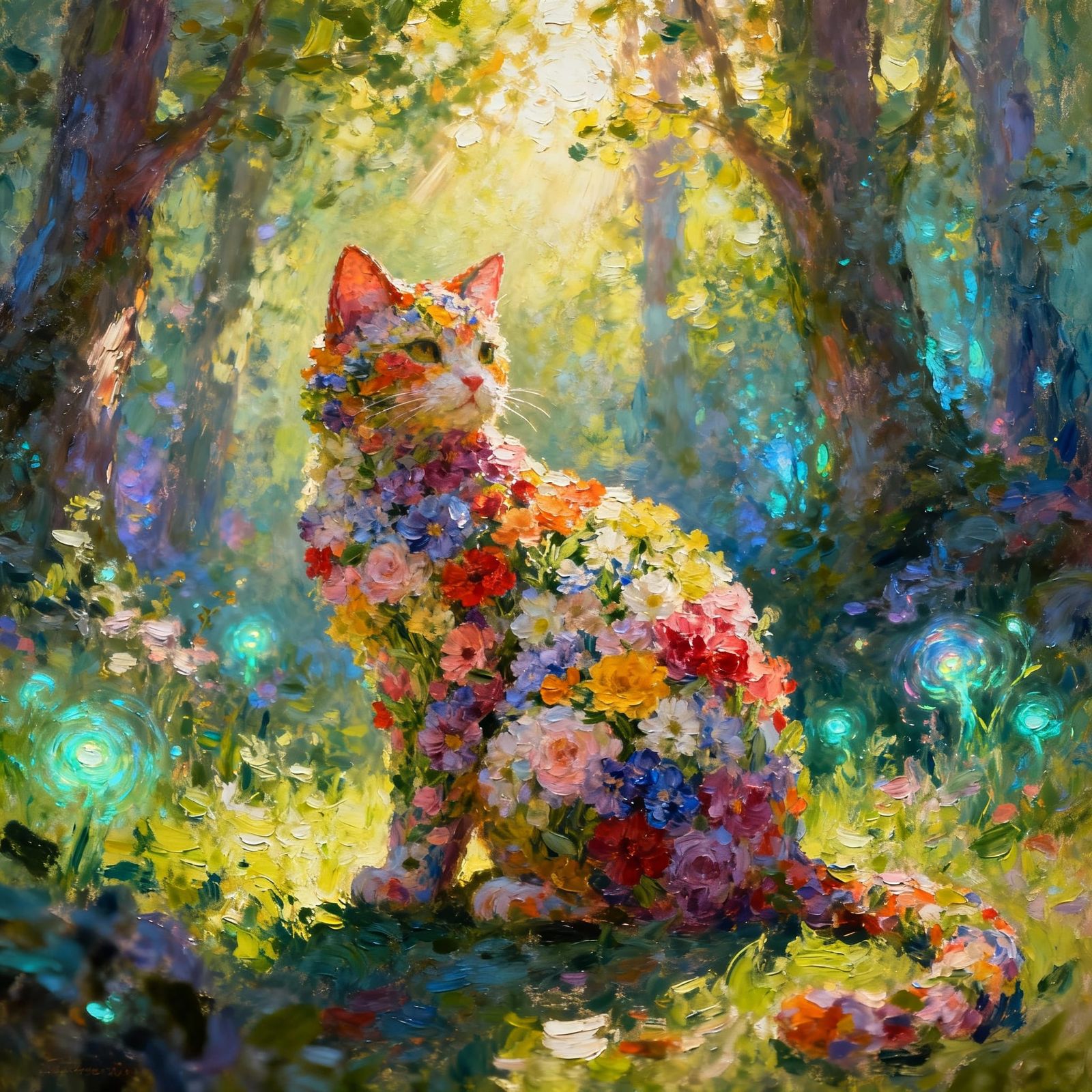 Cat made of flowers in a bright colorful Forrest   by @Mette