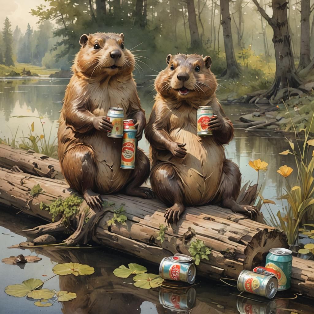 An duo of anthropomorphized beavers are sitting on a log by ...