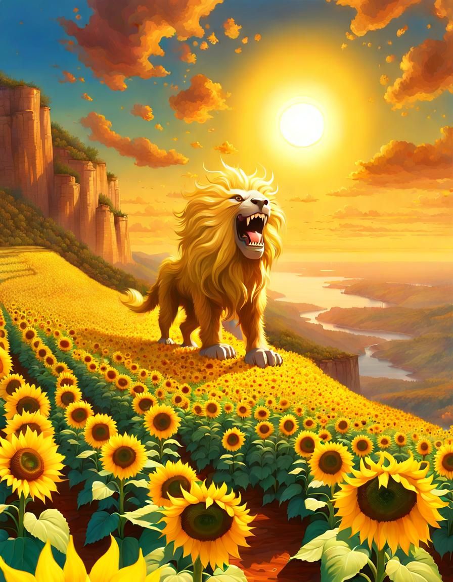 Fantasy plant sunflower monster quadruped roaring on cliff, ...