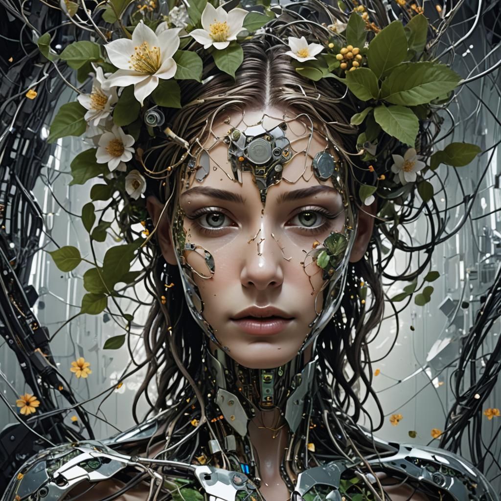 duality design a split image that contrasts two opposing concepts in visually striking way nature and technology
