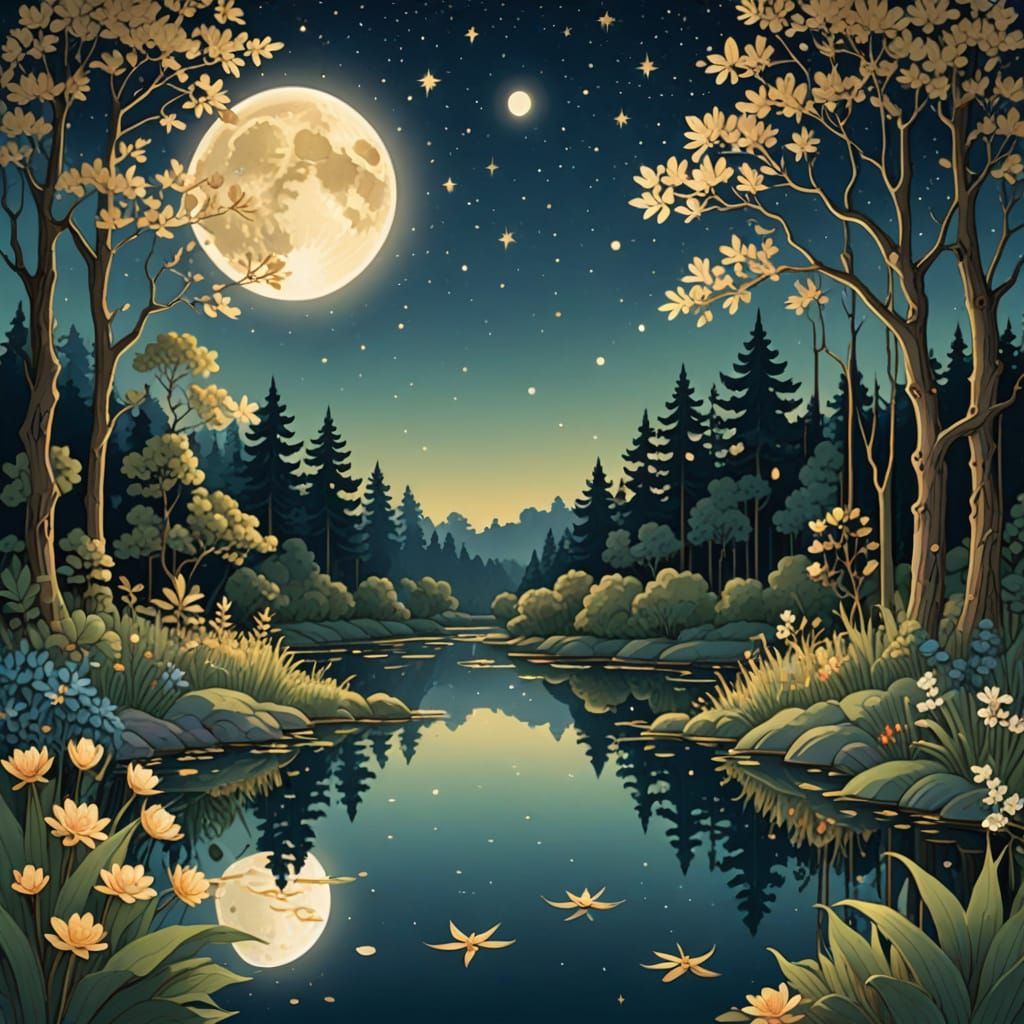 A decorative storybook-style illustration of a serene forest at night beneath a star-filled sky. Tall ...  by @Plats