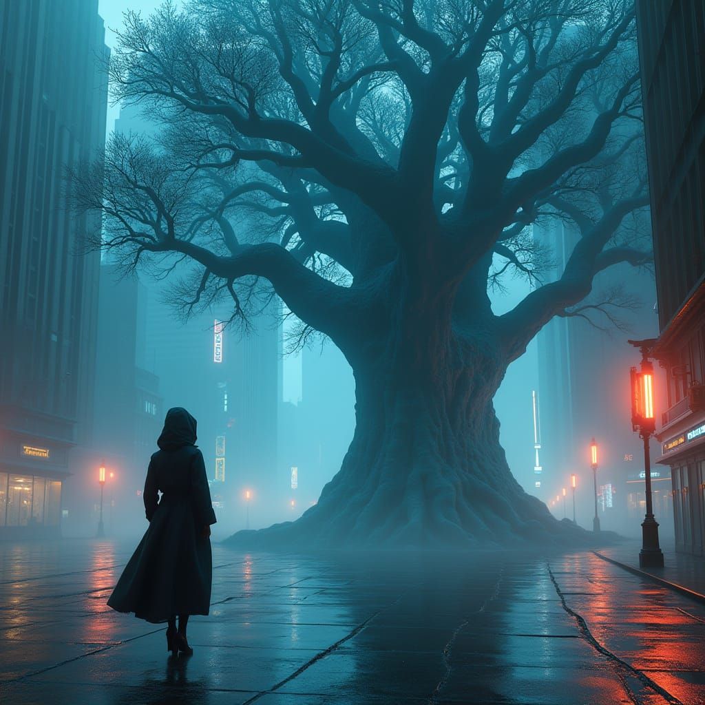 Surrealist Cyberpunk Cityscape with Mysterious Figure