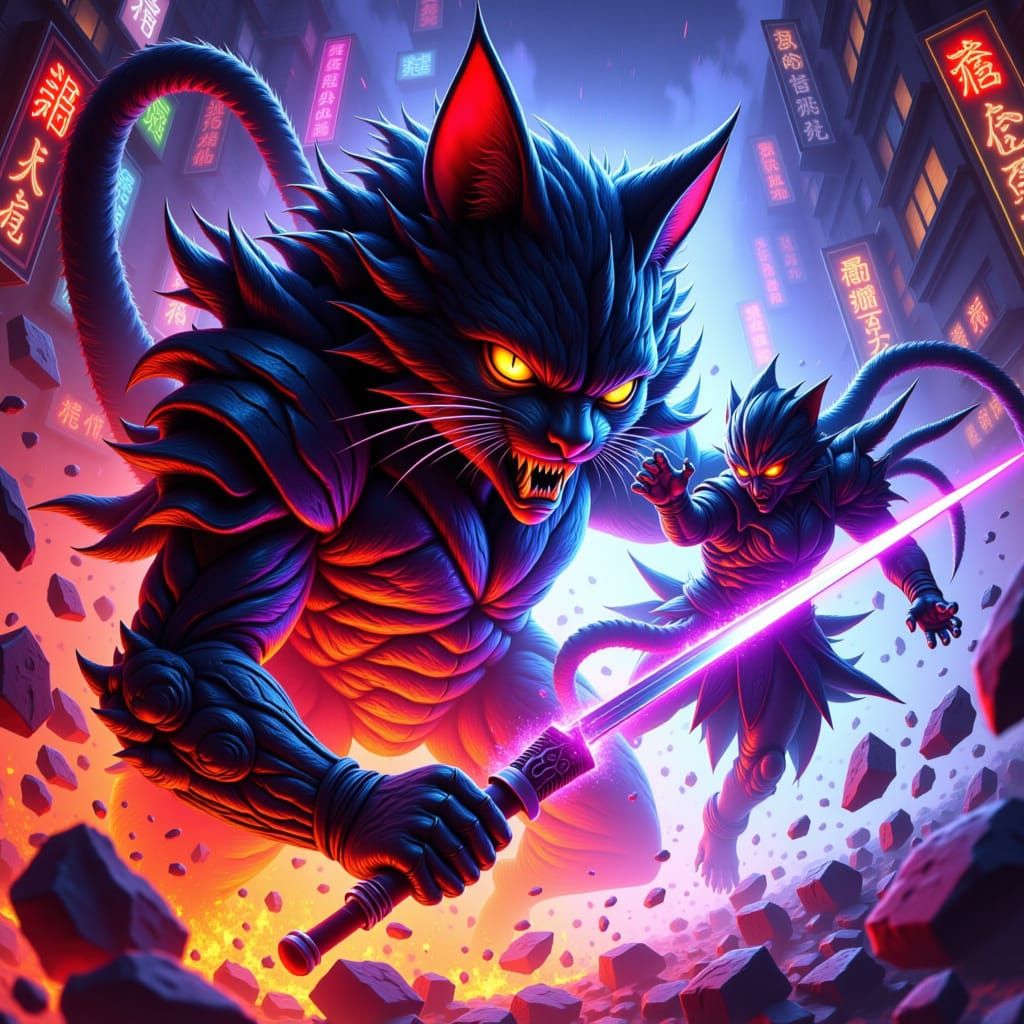 Anime action scene. A powerful warrior cat with glowing cosmic energy emanating from its paws, clashing swords with a rival mech. Dynamic po...