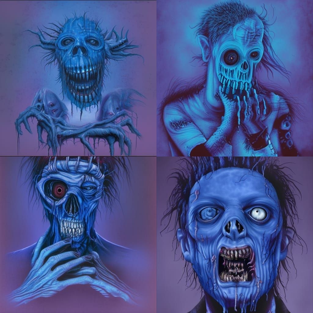 Blue and purple Eldritch chainsaw creature with a zombie fac...