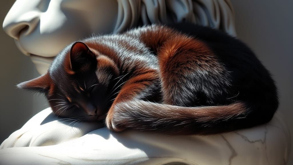 A sunbeam warms a cat on a marble statue of a lion.  by @Macbeth