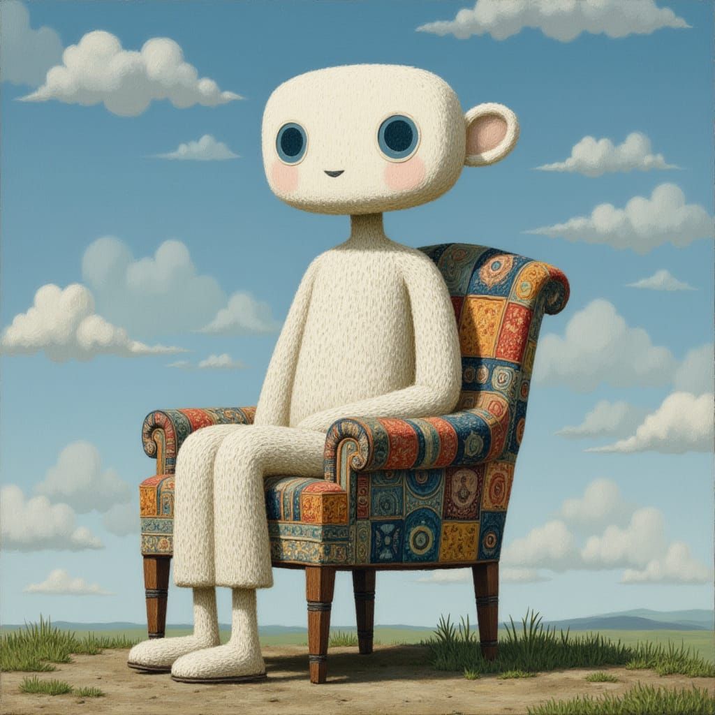<lora:The Folkdream Set:1.0> A white humanoid figure with blue eyes sits on a patchwork chair, gazing at the sky. The character has curled ...
