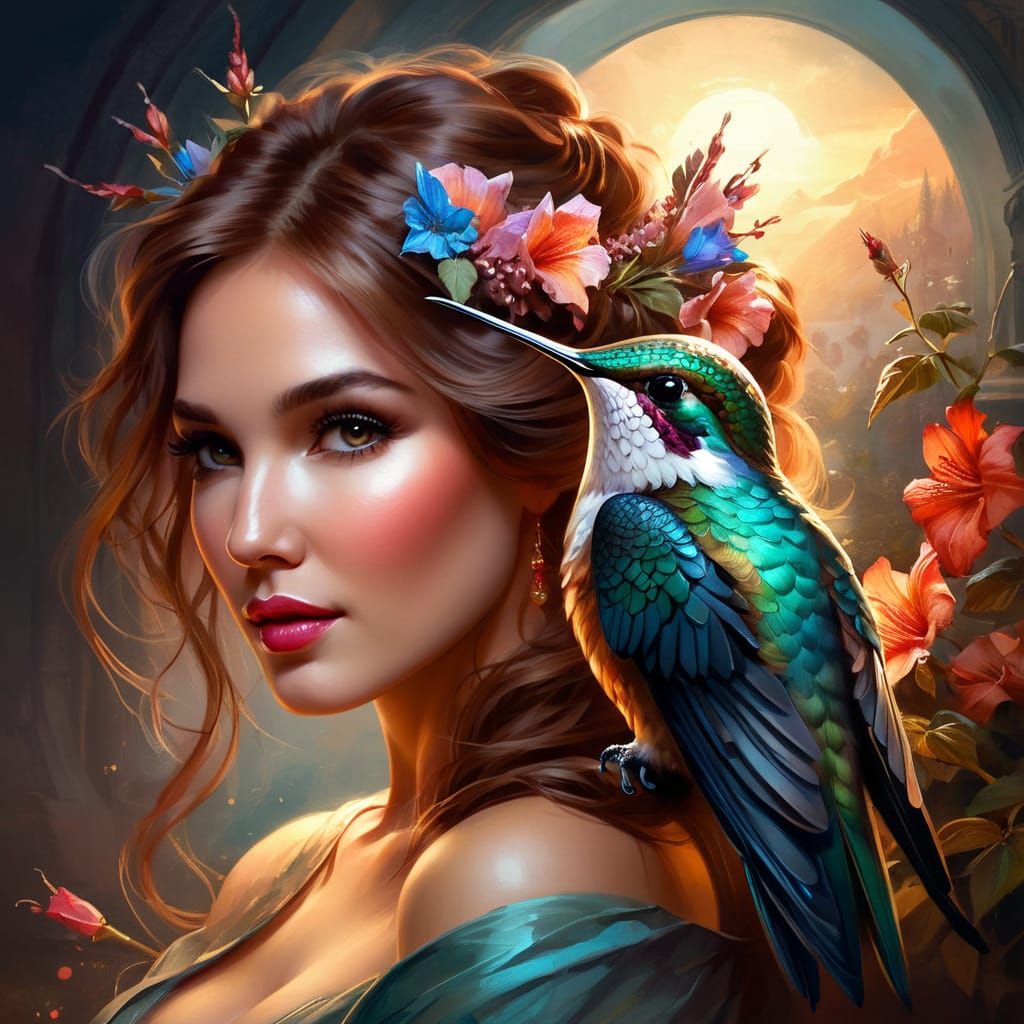 Delicate hummingbird is sitting on the shoulder a beautiful Woman