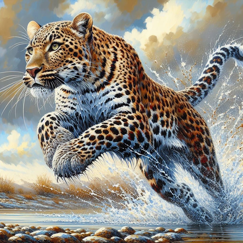 Leopard (species:1.2), running through water,  (powerful body:1.1), (dynamic pose:1.2), mid-leap,  center-frame, ...  by @Bella Dog