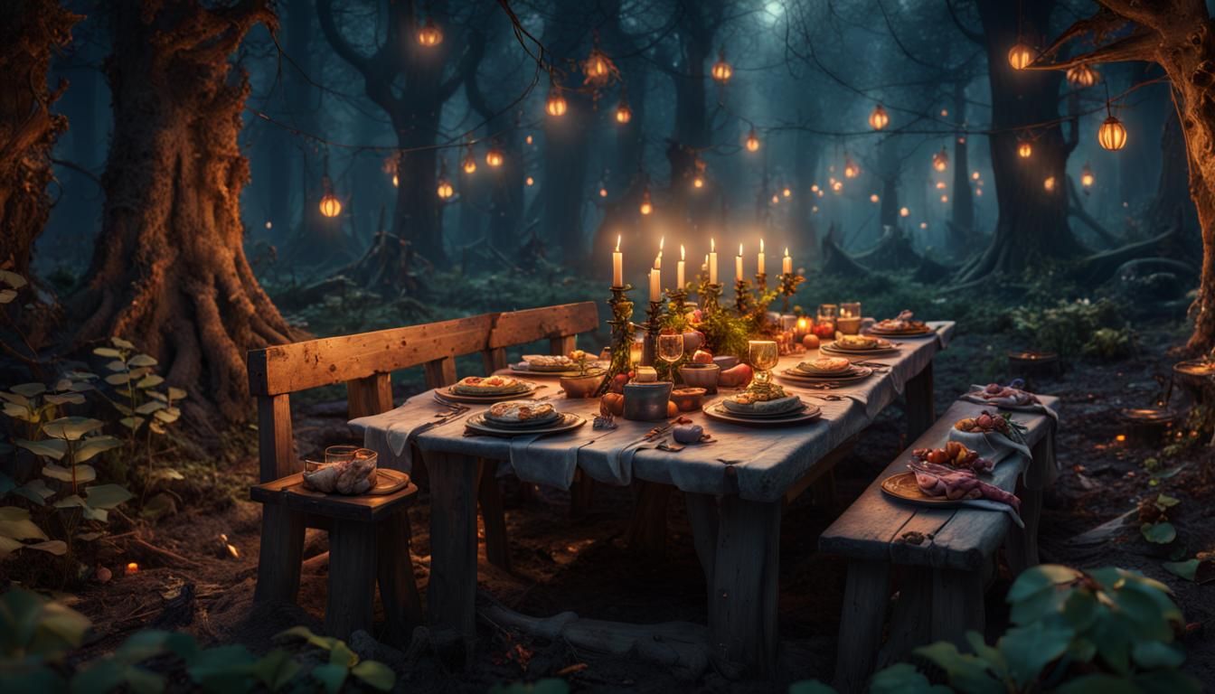 A magical fairy feast table in the forest at night detailed ...
