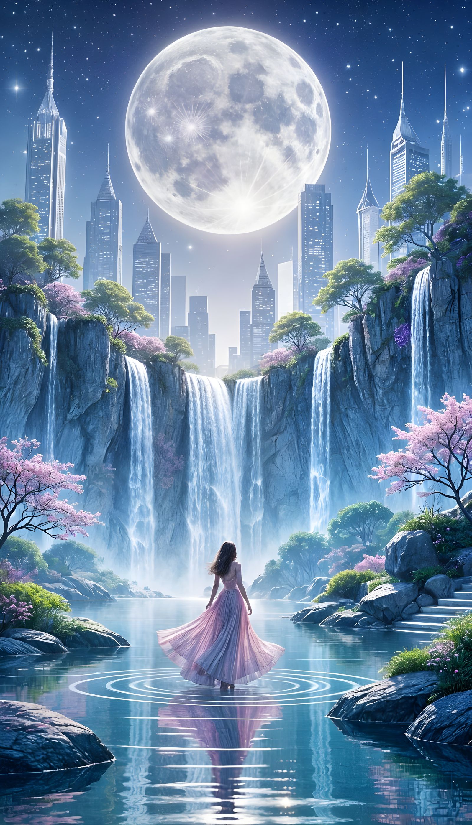 Moonlit Waterfall in Futuristic Garden with Woman in Pink Dr...