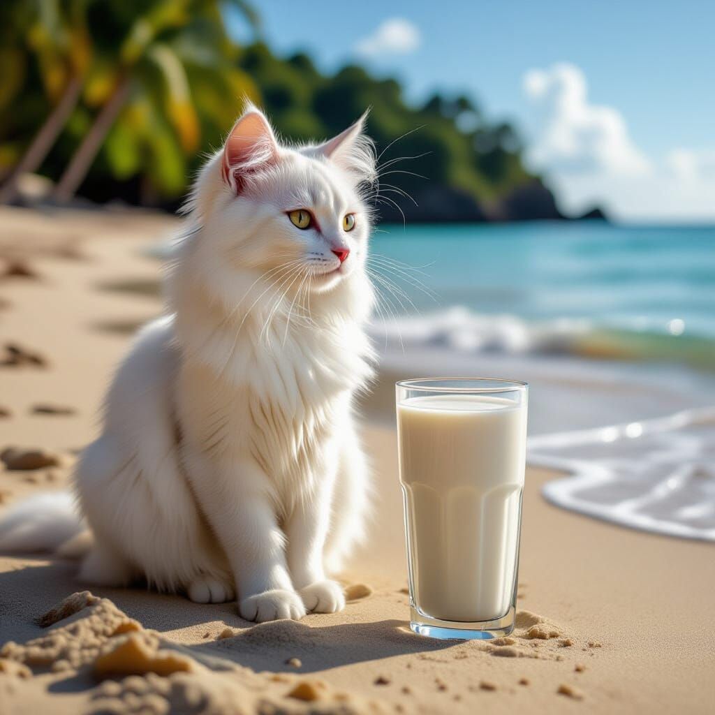 White Cat with Green Eyes Drinks Milk on Beach
