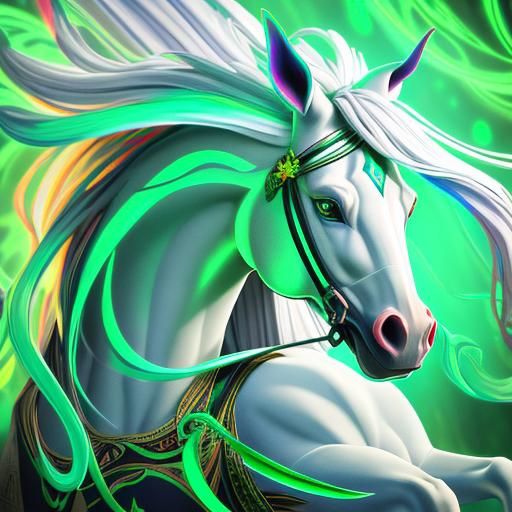 White horse shiny long flowing mane and tail with black trib...