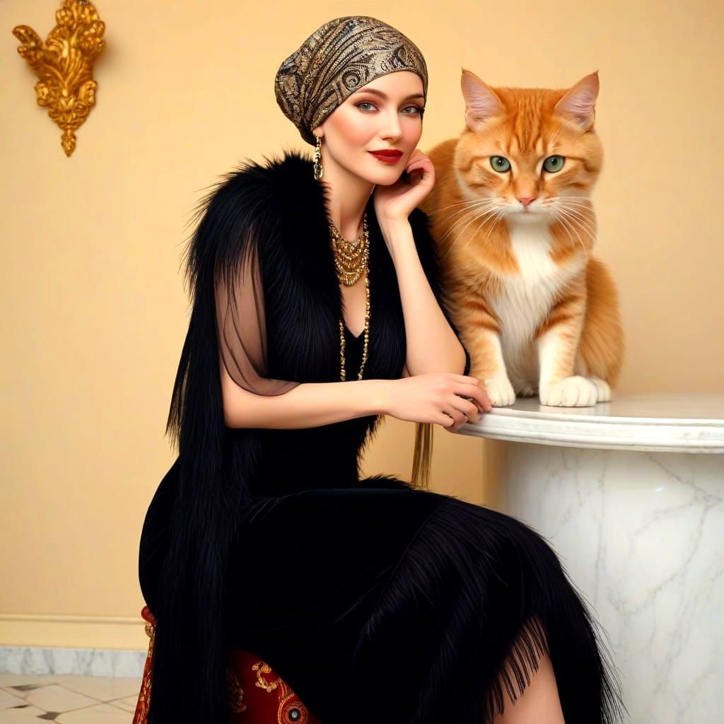 Exotic Art Deco Lady Strolls Through Whimsical Landscape